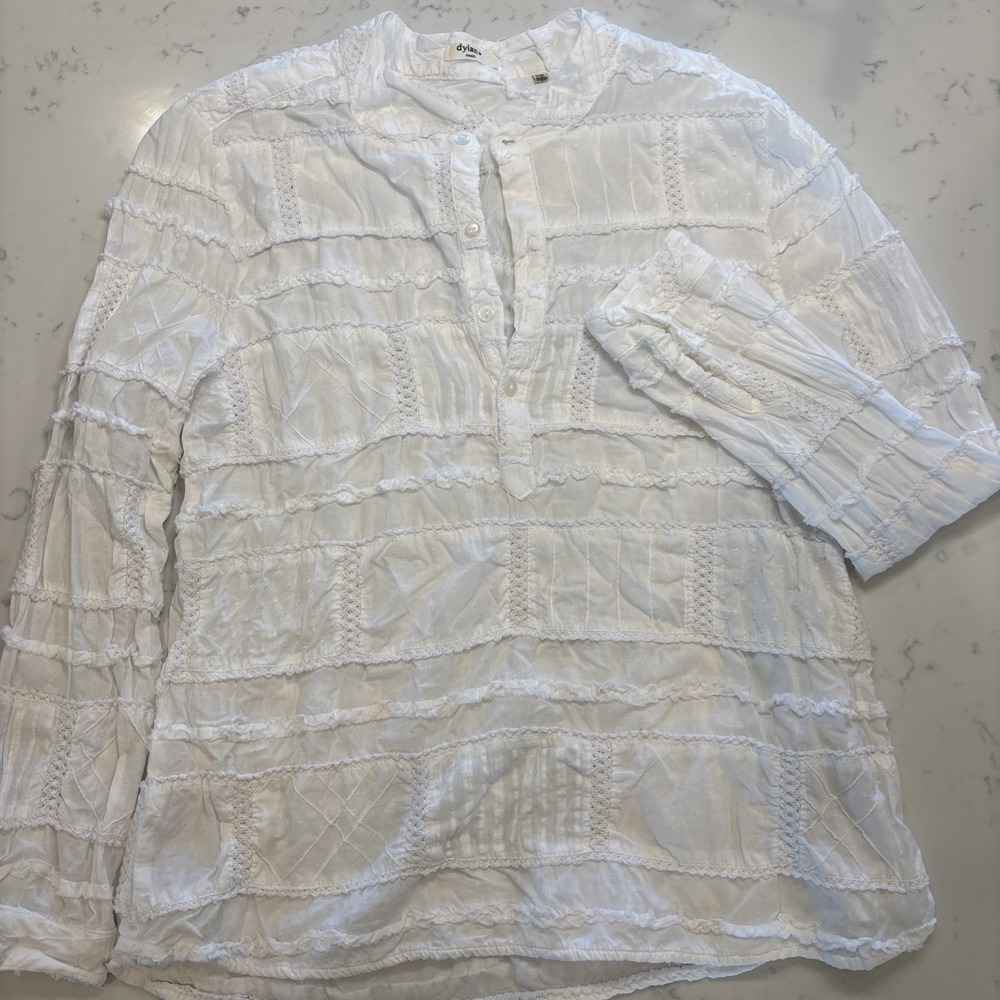Dylan Anthropologie Peasant Blouse Embroidered Sleeves 100% Cotton Small Ruffled
